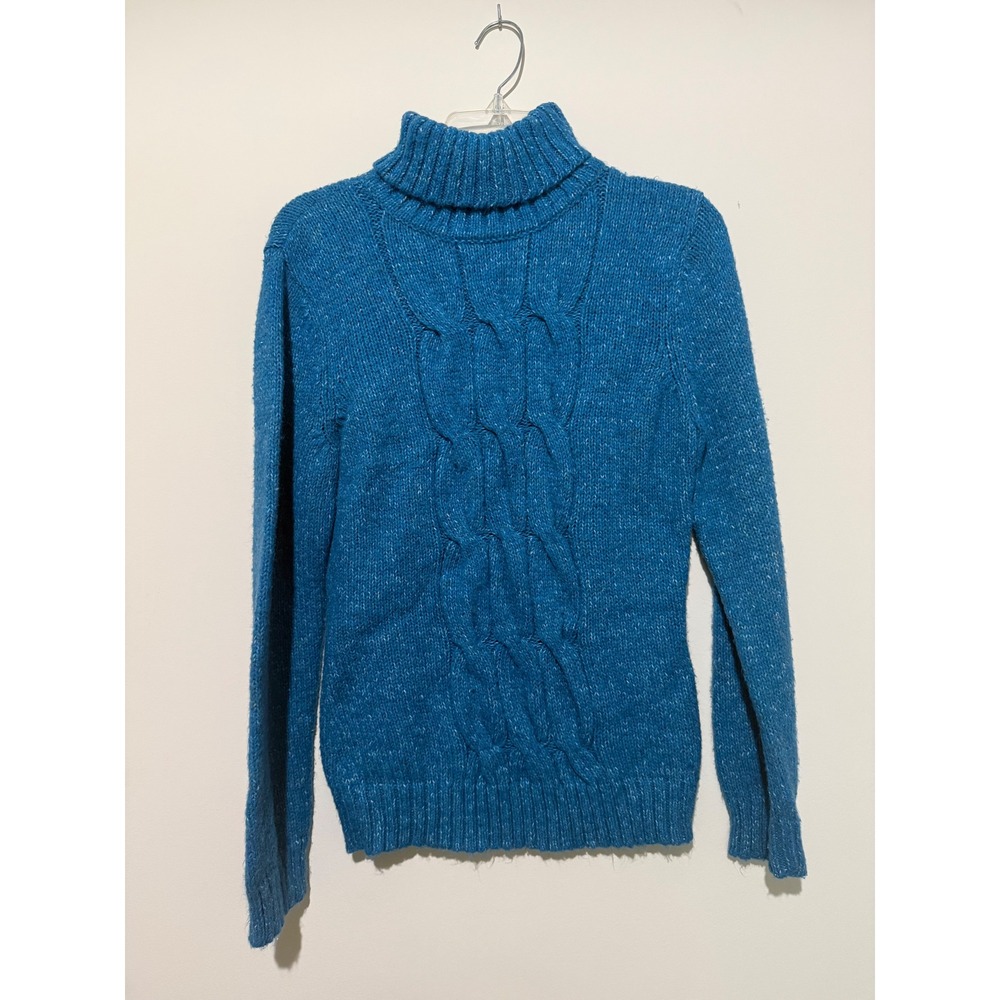 New York & Company Blue Cable Knit Turtleneck Sweater Womens Large Marled Wool